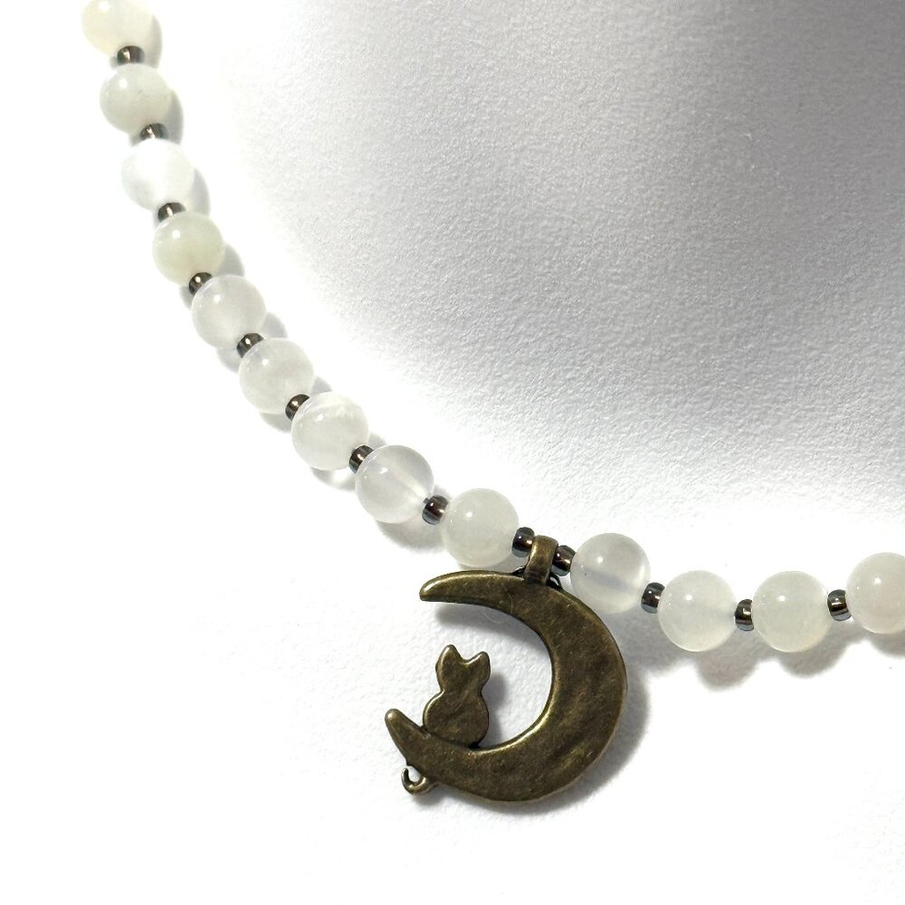 White Moonstone Bronze Cat on the Moon Necklace, Genuine Gemstone Beaded Choker